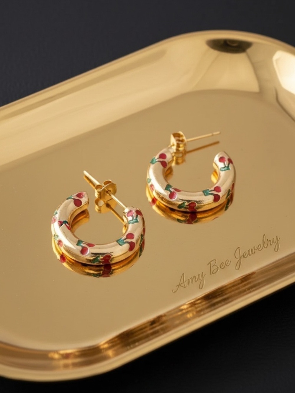 Gold Plated Cherry Hoop Earrings. New.